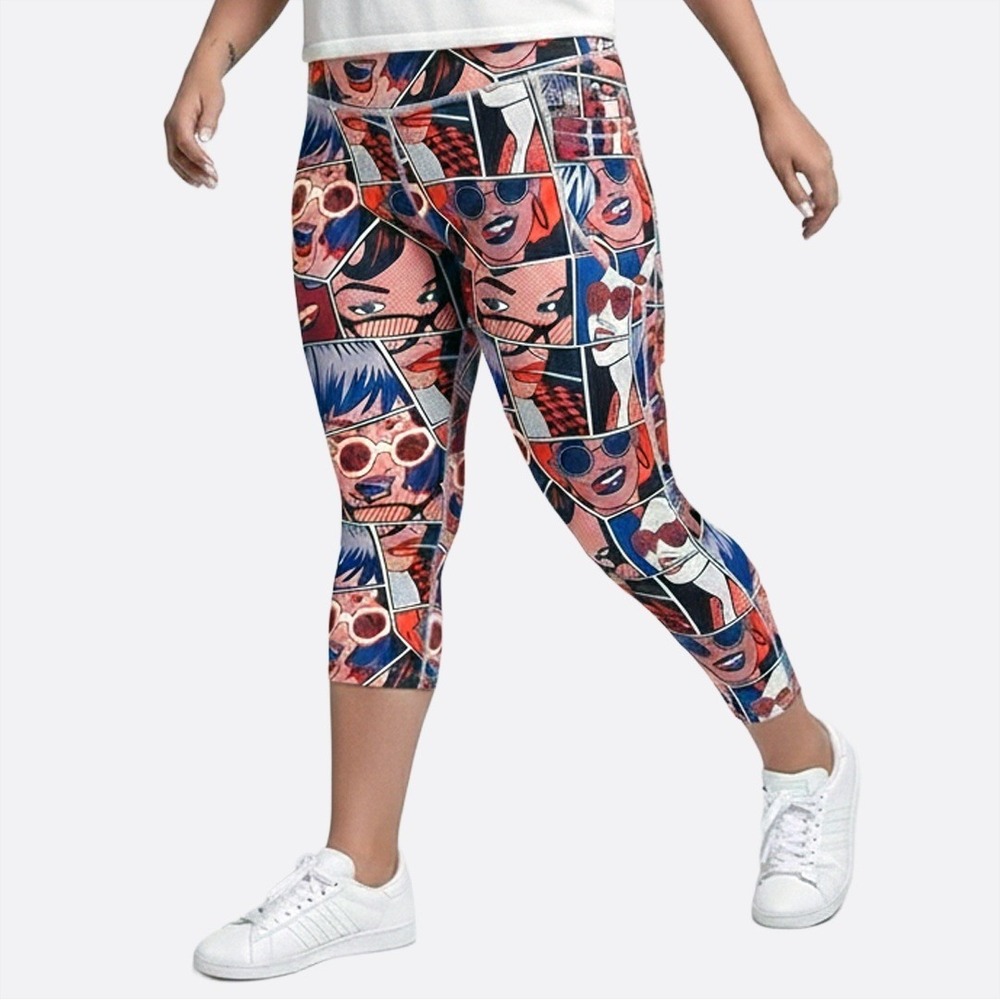 Pop Art Comic Print High Waist Capri Leggings Bold Graphic Retro Streetwear 0X L